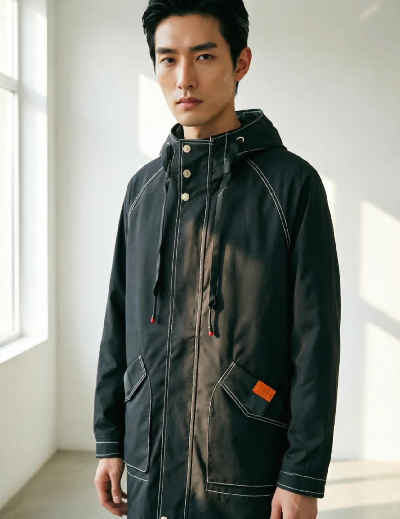 / Upper body material picture Hernes/Hermès 26fw H Early Autumn New Arrivallogo leather brand high luxury workwear windbreaker mid-length jacket (black)